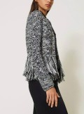 WOOL BLEND MANDARIN COLLAR JACKET WITH FRINGES