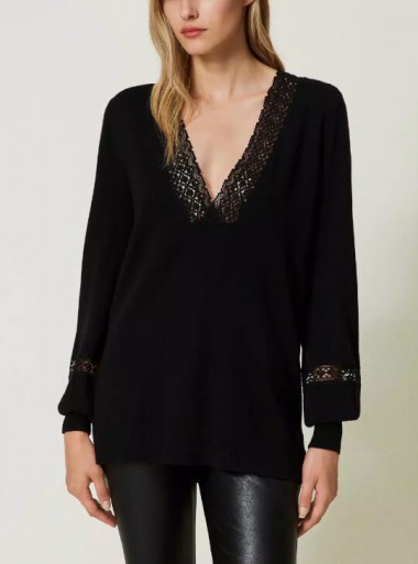 TWINSET Milano MAXI JUMPER WITH LACE INSERTS - 232TP3240 - Tadolini Abbigliamento