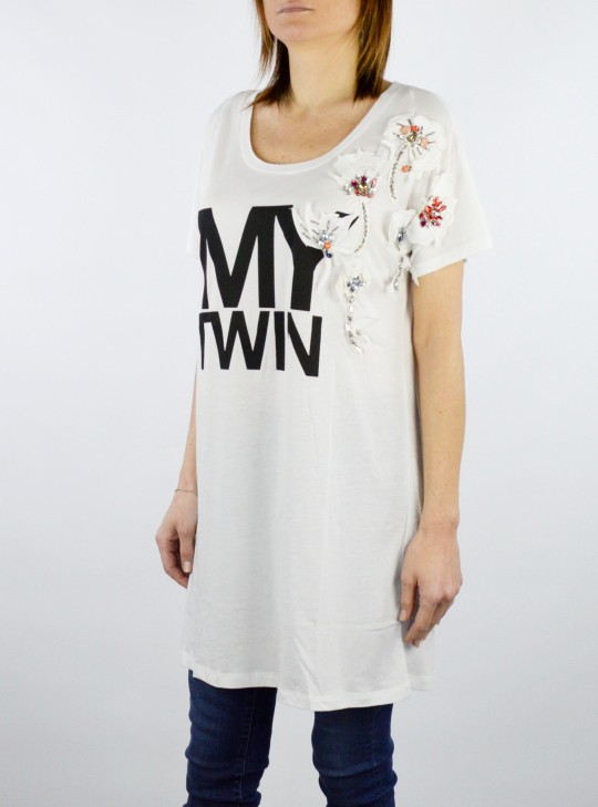 My Twin Twinset Milano Maxi T Shirt With Embroidery And Stone Appl